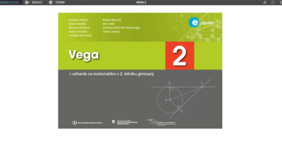 Naslovnica i-učbenika Vega 2 z matematičnimi simboli, grafi in formulami za drugi letnik gimnazije.